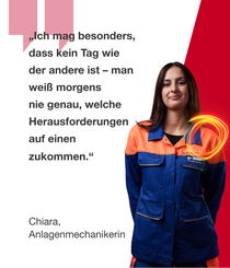 Eine weibliche BASF-Mitarbeitende aus Deutschland steht in einem orange-blauen Arbeitsanzug vor einem roten Hintergrund. Ein Lichtwirbel schwebt über ihrer Schulter. Der Text lautet: „Was ich an meiner Ausbildung mag, ist, dass ich so viele Möglichkeiten habe. Ich kann zum Beispiel an einem Auslandsaufenthalt teilnehmen oder Einblicke in andere Berufe bekommen.“ Eine weibliche BASF-Mitarbeitende aus Deutschland steht in einem orange-blauen Arbeitsanzug vor einem roten Hintergrund. Ein Lichtwirbel schwebt über ihrer Schulter. Der Text lautet: „Was ich an meiner Ausbildung mag, ist, dass ich so viele Möglichkeiten habe. Ich kann zum Beispiel an einem Auslandsaufenthalt teilnehmen oder Einblicke in andere Berufe bekommen.“