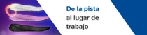 Tres plantillas para calzado dispuestas una junto a otra, acompañadas de un suave efecto de espiral de luz. En el texto pone: “De la pista al lugar de trabajo”.  