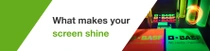 Luminous BASF products under UV light in green and orange colors with a light swirl. The text reads: "What makes your screen shine". Luminous BASF products under UV light in green and orange colors with a light swirl. The text reads: "What makes your screen shine".