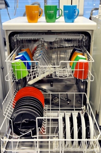 Colourful mugs and plates with basf logo in a dishwasher Colourful mugs and plates with basf logo in a dishwasher