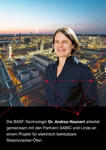 Portrait Andrea Haunert. Dahinter ein Bild von einer erleuchteten Stadt. Bildunterschrift lautet Die BASF-Technologin Dr. Andrea Haunert arbeitet gemeinsam mit den Partnern SABIC und Linde an einem Projekt für elektrisch beheizbare Steamcracker-Öfen.