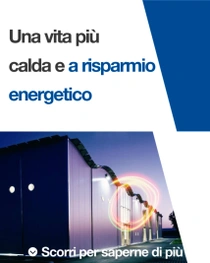 Esterni di un edificio moderno al crepuscolo con le luci accese. Un vortice luminoso aleggia sul bordo dell’edificio. Il testo recita: “Vivere più caldi, risparmiando energia”. 