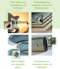 Eine elektrische Gitarre, aufeinandergestapelte Bodenplatten, eine Handtasche und Geschirrtabletts, allesamt aus Recyclingmaterialien gefertigt 