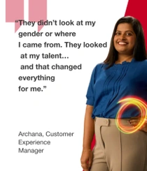 A female BASF employee in India is wearing a blue top and beige trousers and is standing in front of a red background. A swirl of light surrounds her hand. The text reads: “They didn’t look at my gender or where I came from. They looked at my talent… and that changed everything for me.” A female BASF employee in India is wearing a blue top and beige trousers and is standing in front of a red background. A swirl of light surrounds her hand. The text reads: “They didn’t look at my gender or where I came from. They looked at my talent… and that changed everything for me.”