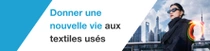 Une femme portant une veste noire décontractée devant un paysage urbain de Shanghaï. Un tourbillon de lumière coloré apparaît sur sa droite. Le texte indique « Donner une nouvelle vie aux anciens textiles »