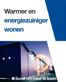 Moderne buitenkant van een gebouw in de schemering, met de verlichting aan.  Een lichtwerveling zweeft aan de rand van het gebouw. De tekst luidt: "Warmer, energiezuinig leven."