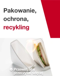 Kanapka częściowo owinięta w biały, plastikowy materiał znajduje się po lewej stronie zdjęcia. Po prawej stronie widnieje tekst: „Zawiń, chroń, przetwarzaj” Kanapka częściowo owinięta w biały, plastikowy materiał znajduje się po lewej stronie zdjęcia. Po prawej stronie widnieje tekst: „Zawiń, chroń, przetwarzaj”