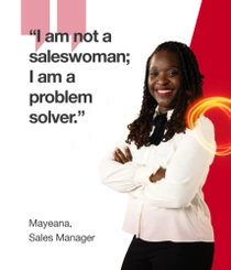 A female BASF employee in the US, in a white shirt, standing against a red and white background. There is a light swirl around her shoulder. The text reads: "I am not a saleswoman; I am a problem solver." 