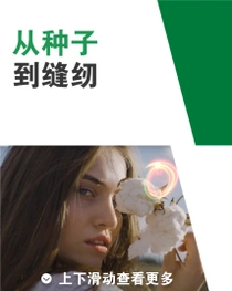 一名女性将棉花靠近她的脸。一个光环围绕围绕着棉花。文字内容为“从种子到缝纫”。 