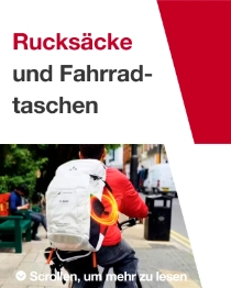 Eine Person von hinten auf einem Fahrrad trägt einen weißen Rucksack mit VAUDE- und BASF-Logo sowie einem orangefarbenen Lichtring. Der Text lautet: „Transformed Backpacks."