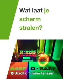 Luminous BASF products under UV light in green and orange colors with a light swirl. The text reads: "What makes your screen shine". Luminous BASF products under UV light in green and orange colors with a light swirl. The text reads: "What makes your screen shine".
