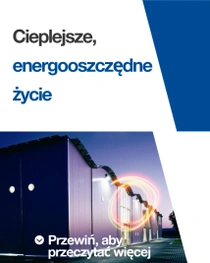 Nowoczesny budynek z włączonymi światłami o zmierzchu. Na krawędzi budynku unosi się świetlny wir. Tekst brzmi: „Mieszkaj cieplej i bardziej energooszczędnie”.