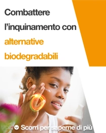 Una donna applica un prodotto biodegradabile sul suo viso. Un vortice luminoso staziona sulla sua mano. Il testo recita: “Combattiamo l’inquinamento con alternative biodegradabili”. Una donna applica un prodotto biodegradabile sul suo viso. Un vortice luminoso staziona sulla sua mano. Il testo recita: “Combattiamo l’inquinamento con alternative biodegradabili”.