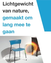 A blue chair and a dark piece of furniture against a light background with a light swirl. The text reads: "Naturally light, made to last." A blue chair and a dark piece of furniture against a light background with a light swirl. The text reads: "Naturally light, made to last."