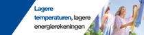 Een lachende vrouw hangt wasgoed aan een waslijn buiten. Een lichtwerveling zweeft boven het wasgoed. De tekst op de afbeelding luidt: “Lagere temperaturen, lagere energierekeningen.”