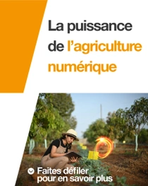 Une agricultrice, portant une salopette et un chapeau, tient une tablette et examine des plants dans un champ par une journée ensoleillée. Un tourbillon lumineux flotte près de la tablette. Sur le côté gauche de l’image, un texte indique : « La puissance de l’agriculture numérique. » 