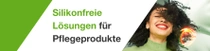 Eine lachende Frau mit schwarzen, lockigen Haaren. Ein Lichtwirbel schwebt über ihrem Haar. Der Text auf dem Bild lautet: „Silikonfreie Lösungen für Pflegeprodukte.“