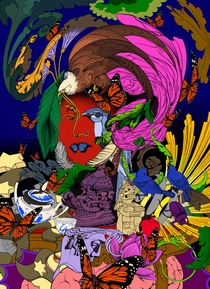 Illustration of a woman from the perspective of artificial intelligence, featuring elements of nature and culture