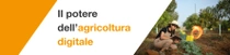 Una agricoltrice, con indosso una salopette e un cappello, tiene in mano un tablet mentre osserva le piante in un campo in una giornata di sole. Un vortice luminoso aleggia vicino al tablet. Sul lato sinistro dell’immagine, c’è un testo che recita: “Il potere dell’agricoltura digitale”.