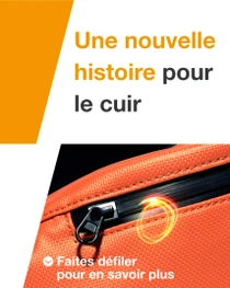 Primo piano di una cerniera arancione su una borsa con un vortice luminoso. Il testo recita: « Une nouvelle histoire pour le cuir. » Primo piano di una cerniera arancione su una borsa con un vortice luminoso. Il testo recita: « Une nouvelle histoire pour le cuir. »