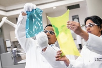 Nitin Bamgude (left) and Rashmi Sudheer (right), both chemists, closely observing the transparency of the film prepared in the calendaring machine, which is an equipment used in the plastic additives lab. This state-of-the-art lab is stationed at BASF’s Mumbai office, which also houses application labs for home & personal care, fuels & lubricants and dispersions & pigments Nitin Bamgude (left) and Rashmi Sudheer (right), both chemists, closely observing the transparency of the film prepared in the calendaring machine, which is an equipment used in the plastic additives lab. This state-of-the-art lab is stationed at BASF’s Mumbai office, which also houses application labs for home & personal care, fuels & lubricants and dispersions & pigments