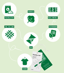 这个信息图展示了7个图标，说明从棉花种子到成品衬衫的供应链。这些图标说明为“FiberMax种子”、“可持续农业”、“轧棉（分离纤维）”、“安全和质量控制”、“纺纱”、“织造、针织、缝制”、“成品服装”，和带有二维码的吊牌，供顾客通过数字化方法了解整个供应链。 