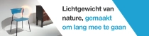 A blue chair and a dark piece of furniture against a light background with a light swirl. The text reads: "Naturally light, made to last." A blue chair and a dark piece of furniture against a light background with a light swirl. The text reads: "Naturally light, made to last."