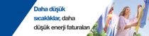 Gülümseyen bir kadın, çamaşırlarını açık havada çamaşır ipine çamaşır asıyor. Hafif bir girdap, çamaşırın üzerinde sallanıyor. Resimdeki metinde şunlar yazıyor: “Daha düşük sıcaklıklar, daha düşük enerji faturaları 