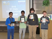Henry Demarest (far right), seventh grader at Irvington Middle School, won the New York State You Be The Chemist Challenge ® and will represent New York at the 2016 National Challenge in Philadelphia on June 20. Also pictured from left to right: third runner-up Vishnu Srinivas from Scarsdale Middle School; first runner-up Rishit Gupta from Irvington Middle School; and second runner-up Zachary Rosman from Irvington Middle School