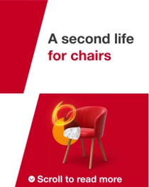 A red armchair with wooden legs in front of a red background, with a glowing light-ring effect. The text reads: "A second life for chairs." A red armchair with wooden legs in front of a red background, with a glowing light-ring effect. The text reads: "A second life for chairs."