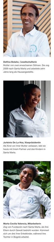 Porträts von: Delfina Bolaño (Gesellschafterin), Jurleinis De La Hoz (Vizepräsidentin), Marta Cecilia Valencia (Mitarbeiterin)