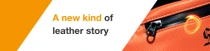 Close-up of an orange zipper on a bag with a light swirl. The text reads: "A new kind of leather." Close-up of an orange zipper on a bag with a light swirl. The text reads: "A new kind of leather."