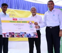 From L – R: Sarpanch of Gram Panchayat, Dahej Shri Pushkar Sinh Rana, accepting Certificate of Completion of ‘Project Gram Shobha 2015’ from Dr. Raman Ramachandran, Chairman & Managing Director, BASF India Limited and Head, BASF South Asia along with Mr. Jayant Bahekar, Site Director - Dahej, BASF India Limited. Under Project Gram Shobha, BASF has built more than 230 toilets for Dahej village, of which 102 were built in 2015-16 alone.