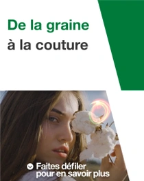 Une femme aux longs cheveux bruns tient une plante de coton près de son visage. Un tourbillon lumineux est visible au-dessus de la plante de coton. Le texte indique « De la graine à la couture ». 