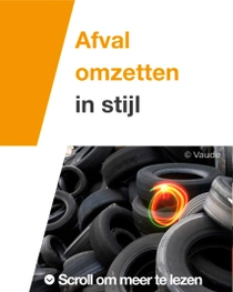 Een stapel autobanden op elkaar. Er is een lichtwerveling boven de banden. De tekst luidt “Afval omzetten in stijl”.