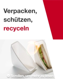 Ein Sandwich, teilweise in eine weiße Plastikverpackung eingewickelt, liegt auf der linken Seite des Bildes. Rechts steht der Text: „Verpacken, schützen, recyceln.“