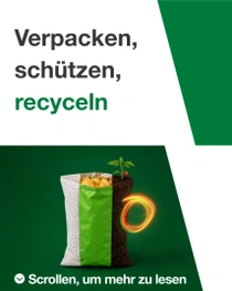 Verpackungsbeutel, der von Kunststoffgranulat zu Erde mit sprießender Tomatenpflanze übergeht, vor grünem Hintergrund mit orangefarbenem Kreislichteffekt. Texteinblendung: „Verpacken, schützen, recyceln"