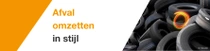 Een stapel autobanden op elkaar. Er is een lichtwerveling boven de banden. De tekst luidt “Afval omzetten in stijl”.