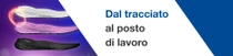 Tre solette per scarpe disposte una di fianco all’altra, accompagnate da un soave effetto di vortice luminoso. Il testo recita “Dalla pista al lavoro”. 