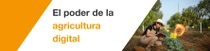 A female farmer, wearing overalls and a hat, holds a tablet and examines plants in a field on a sunny day.  Una espiral de luz revolotea cerca de la tableta. En el lado izquierdo de la imagen hay un texto en el que pone: “El poder de la agricultura digital”. A female farmer, wearing overalls and a hat, holds a tablet and examines plants in a field on a sunny day.  Una espiral de luz revolotea cerca de la tableta. En el lado izquierdo de la imagen hay un texto en el que pone: “El poder de la agricultura digital”.