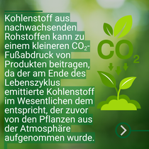 Grafik mit Blättern und CO₂‑Symbol vor grünem Hintergrund, die ein wachsendes Pflänzchen zeigt.