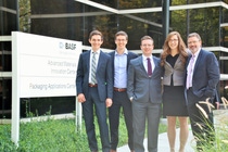 Keith Middleton, BASF team coach and Strategic Customer Development Program Manager, far right, stands with the winning team from the University of Colorado (left to right) Kyle Foster, Ryan Pearson, Matthew Ryan and Kristen Hess. Keith Middleton, BASF team coach and Strategic Customer Development Program Manager, far right, stands with the winning team from the University of Colorado (left to right) Kyle Foster, Ryan Pearson, Matthew Ryan and Kristen Hess.