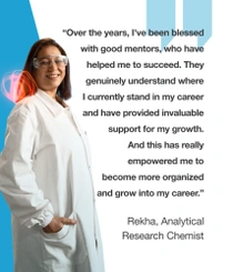A female BASF employee in India, in a white lab coat, standing against a blue and white background. There is a light swirl around her shoulder. The text reads: "Over the years, I've been blessed with good mentors, who have helped me to succeed. They genuinely understand where I currently stand in my career and have provided invaluable support for my growth. And this has really empowered me to become more organized and grow into my career."