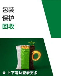包装袋展示了从塑料颗粒过渡到泥土的过程,泥土中长出一株番茄幼苗,背景为绿色,并带有橙色圆形光效。文字:「包装,保护,回收」 包装袋展示了从塑料颗粒过渡到泥土的过程,泥土中长出一株番茄幼苗,背景为绿色,并带有橙色圆形光效。文字:「包装,保护,回收」