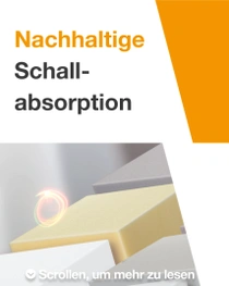 Eine Gruppe von Schaumstoffblöcken in verschiedenen hellen Farben zur Verwendung in nachhaltigen Schallschutzlösungen. Ein Lichtwirbel schwebt über den Blöcken. Der Text lautet: „Nachhaltige Schallabsorption.“