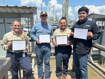 Pictured (L-R): Sarah Ramirez, Jacob Brent, Katelyn Hahn and Rafeal Lopez join BASF TotalEnergies in Port Arthur, Texas as full-time employees after completing BASF’s North American Apprenticeship Development Program.
