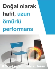 A blue chair and a dark piece of furniture against a light background with a light swirl. The text reads: "Naturally light, made to last." A blue chair and a dark piece of furniture against a light background with a light swirl. The text reads: "Naturally light, made to last."