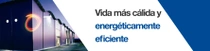 Un edificio moderno con luces prendidas.  Una espiral de luz revolotea por el borde del edificio. En el texto pone: “Una vida más cálida y energéticamente eficiente”.