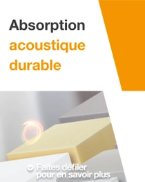 Un ensemble de blocs de mousse dans différentes couleurs pâles destinés à des solutions d’insonorisation durables. Un tourbillon lumineux survole les blocs. Le texte indique : « Absorption acoustique durable. » 