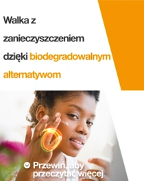 Kobieta nakłada na twarz produkt biodegradowalny. Na jej dłoni unosi się świetlny wir. Tekst brzmi: „Walka z zanieczyszczeniami dzięki biodegradowalnym alternatywom”.